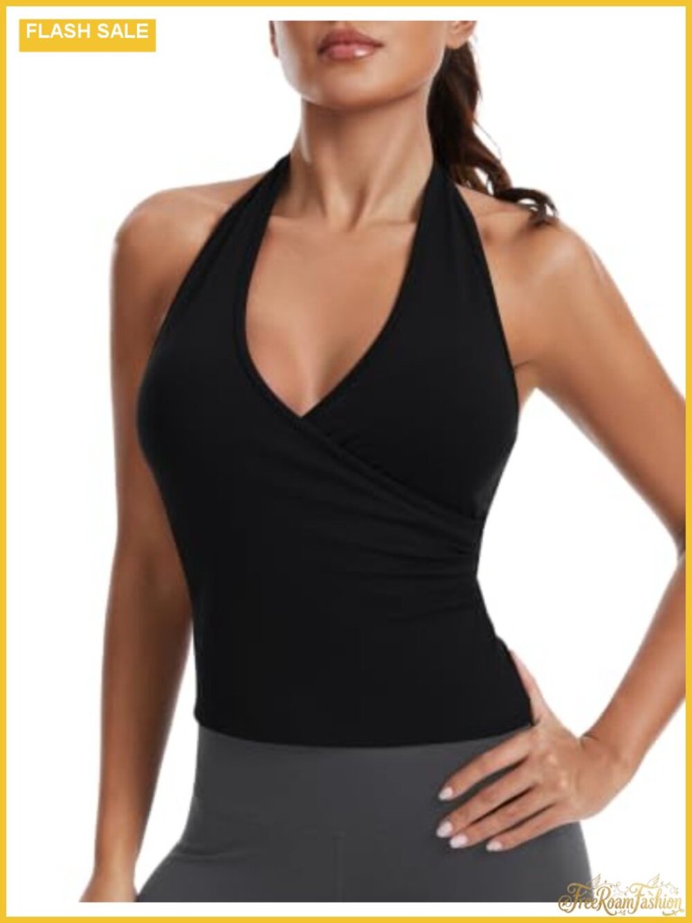 Women's Halter Tank Top with Built-in Bra, V-Neck Open Back Crop Top